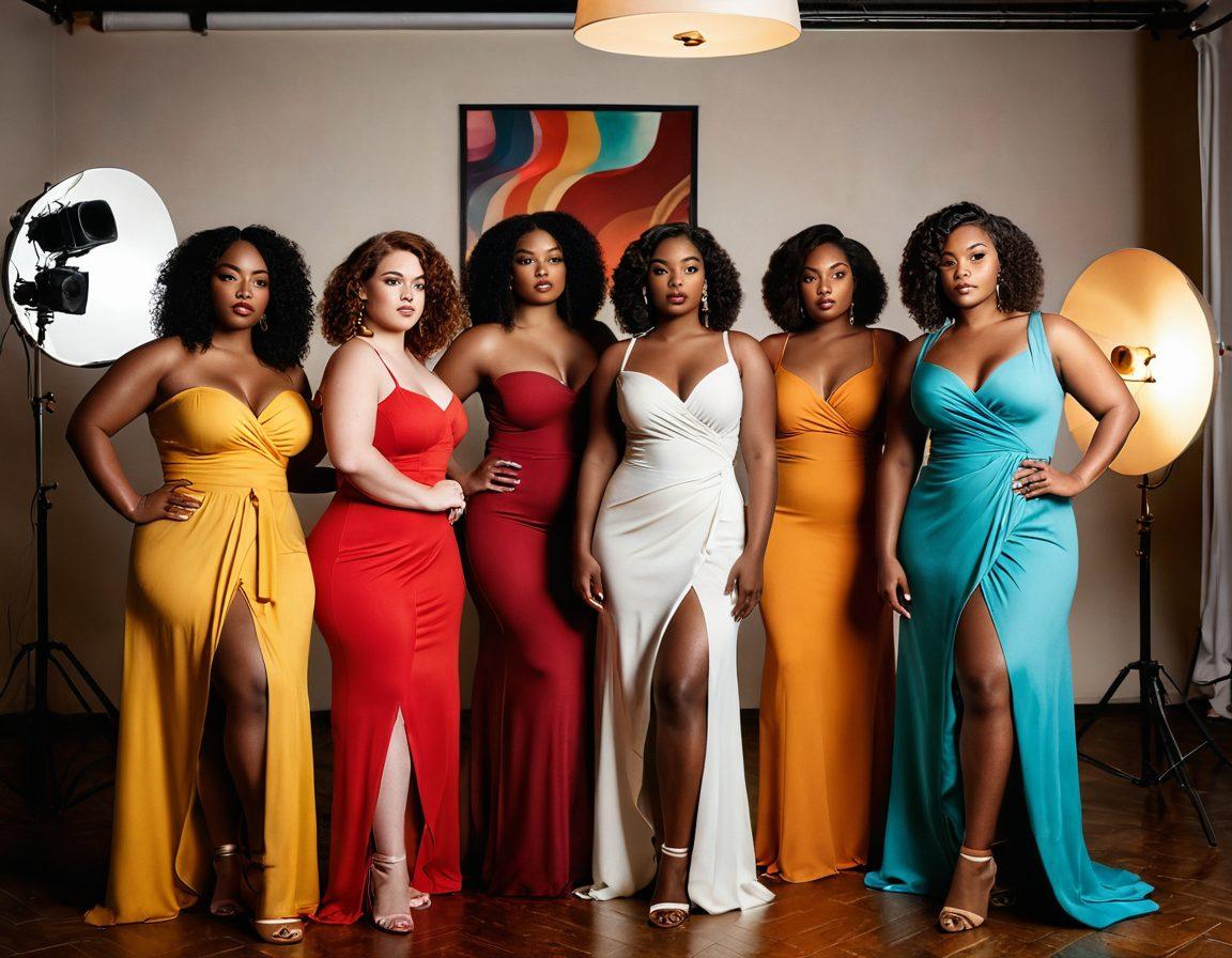 A captivating scene featuring a diverse group of curvy models in an artistic studio setting, showcasing their confidence and beauty. Incorporate warm lighting to create an inviting atmosphere, with soft fabrics and bold colors accentuating their curves. Add subtle hints of adult photography elements like vintage cameras and lighting equipment. The background should be tastefully blurred to focus on the subjects. super-realistic. vibrant colors. artistic style.